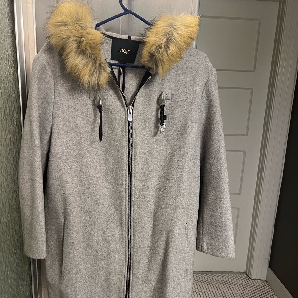 Maje grey 65% wool coat with synthetic fur hood.